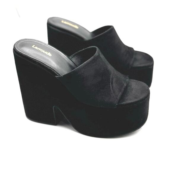 Larroudé black retro Wanda Suede Platform Mules size 8 Y2k chunky heel - Picture 4 of 13